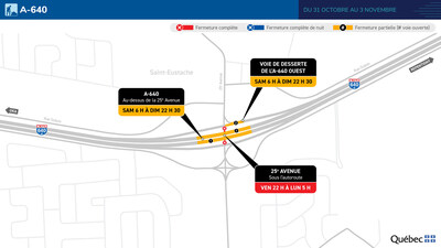 A-640 &#224; Saint-Eustache - Entraves du 31 octobre au 3 novembre (Groupe CNW/Minist&#232;re des Transports et de la Mobilit&#233; durable)