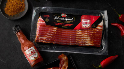 Two flavor powerhouses, HORMEL® BLACK LABEL® bacon and Frank’s RedHot®, have joined forces to ignite taste buds with a bold new limited-edition product – HORMEL® BLACK LABEL® Frank’s RedHot® flavored bacon. Two flavor powerhouses, HORMEL® BLACK LABEL® bacon and Frank’s RedHot®, have joined forces to ignite taste buds with a bold new limited-edition product – HORMEL® BLACK LABEL® Frank’s RedHot® flavored bacon.