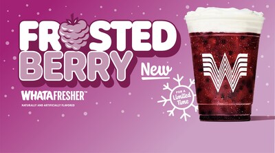 Whataburger Frosted Berry Whatafresher™ — a limited-time dark berry-colored iced drink topped with cold whip, shown on a holiday-themed purple background. Whataburger Frosted Berry Whatafresher™ — a limited-time dark berry-colored iced drink topped with cold whip, shown on a holiday-themed purple background.