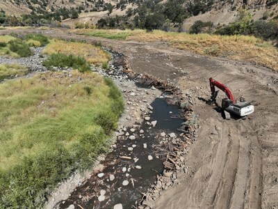 Heavy machinery was utilized at Jenny Creek to place boulders and trees to slow the water and add habitat complexity for fish and insects. Heavy machinery was utilized at Jenny Creek to place boulders and trees to slow the water and add habitat complexity for fish and insects.