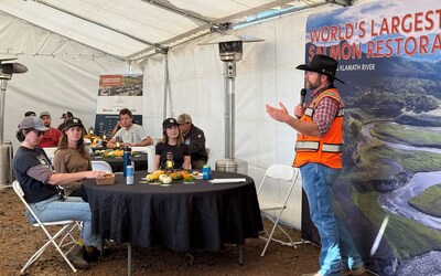 Dave Coffman of RES congratulates Yurok Tribal members and others involved in restoring key Klamath River tributaries as part the largest dam removal and river restoration in the world.