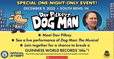 “Dav Pilkey’s Dog Man goes for a Guinness World Records™ title at a special free event for fans. Dav Pilkey’s “Power Up with Reading” book tour sold out, Global Dog Man Day events planned. (PRNewsfoto/Scholastic Inc) “Dav Pilkey’s Dog Man goes for a Guinness World Records™ title at a special free event for fans. Dav Pilkey’s “Power Up with Reading” book tour sold out, Global Dog Man Day events planned. (PRNewsfoto/Scholastic Inc)