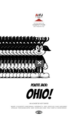 Official poster for Pexote Jack: Ohio! by Hoyt Dwyer, showing the repeating black-and-white cartoon jackalope beneath the AI FilmFest Japan 2025 competition laurel.