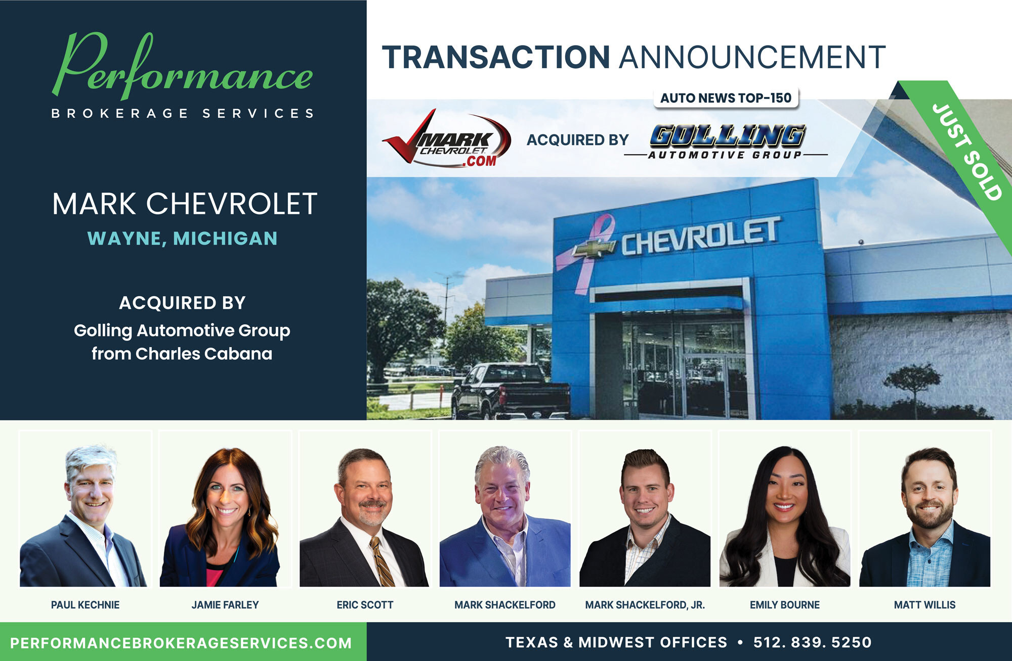 Performance Brokerage Services Advises on Sale of Mark Chevrolet in Wayne, Michigan to Top-150 Dealership Group, Golling Automotive Group