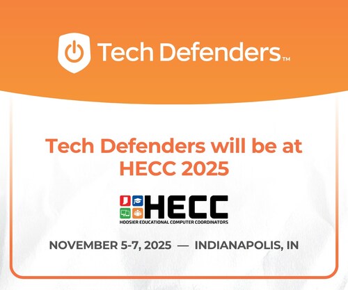 Graphic announcing Tech Defenders’ attendance at HECC 2025, featuring the Tech Defenders logo in orange and white, the HECC Conference logo, and event details: November 5–7, 2025, Indianapolis, IN.
