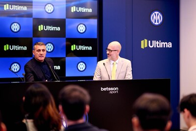 Inter Legend, Christian Vieri (left), with Ultima Markets’ Board Director, Jean-Philippe Mota (right) at Inter’s headquarters in Milan.