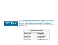 HOLDCO ASSET MANAGEMENT ISSUES PUBLIC PRESENTATION TO THE BOARD OF DIRECTORS OF EASTERN BANKSHARES, INC.