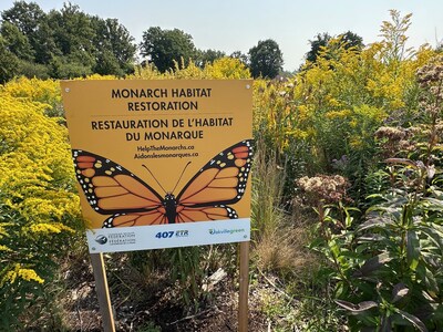 Land restoration sign at Oakvillegreen Pollinator Pathway as part of 407 ETR's sponsorship of CWF's Rights-of-Way as Habitat Program. (CNW Group/407 ETR Concession Company Limited)