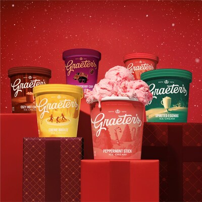 Graeter's 2025 Holiday Flavor Collection features Cozy Hot Cocoa, Crème Brûlée, Spirited Eggnog, Peppermint Stick, and Black Raspberry Chip -- all in Graeter's new branding.