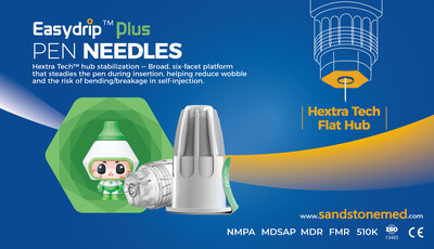 Sandstone Easydrip™ Plus pen needle features the patented Hextra Tech™ broad hub for improved stability and comfort. (PRNewsfoto/SteriLance Medical)