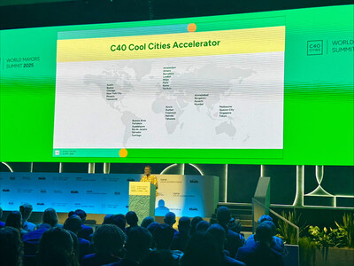 Mayor of Freetown Yvonne Aki-Sawyerr announcing the launch of the Cool Cities Accelerator during the C40 World Mayors Summit in Rio de Janeiro. Mayor of Freetown Yvonne Aki-Sawyerr announcing the launch of the Cool Cities Accelerator during the C40 World Mayors Summit in Rio de Janeiro.