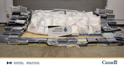 CBSA Air Cargo officers at the Vancouver International Airport seize 319 kg of cocaine and 241 kg of methamphetamine. (CNW Group/Canada Border Services Agency) CBSA Air Cargo officers at the Vancouver International Airport seize 319 kg of cocaine and 241 kg of methamphetamine. (CNW Group/Canada Border Services Agency)
