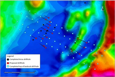 Figure 4. Plan map showing completed and proposed diamond drill-holes and completed top of bedrock drillholes, Berezski Central and Berezski East targets overlain on RTP airborne magnetic data. (CNW Group/Arras Minerals Corp.)