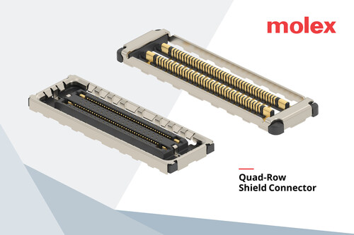 Molex Quad-Row Shield Connector delivers compact, shielded board-to-board connectivity for enhanced signal integrity in space-constrained devices.