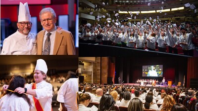 Escoffier marks milestone graduation season as 3,786 students enter the culinary workforce. Top left: Escoffier Boulder President and Provost Kirk T. Bachmann with Auguste Escoffier’s great-grandson Michel Escoffier. Top right: Graduates toss their toques in celebration. Bottom left: Robyn McArthur, Director of Culinary Operations, Austin congratulates a culinary graduate. Bottom right: Chef Justin Miller, executive chef at The Broadmoor in Colorado Springs, delivers his commencement address. Photo courtesy: Auguste Escoffier School of Culinary Arts.