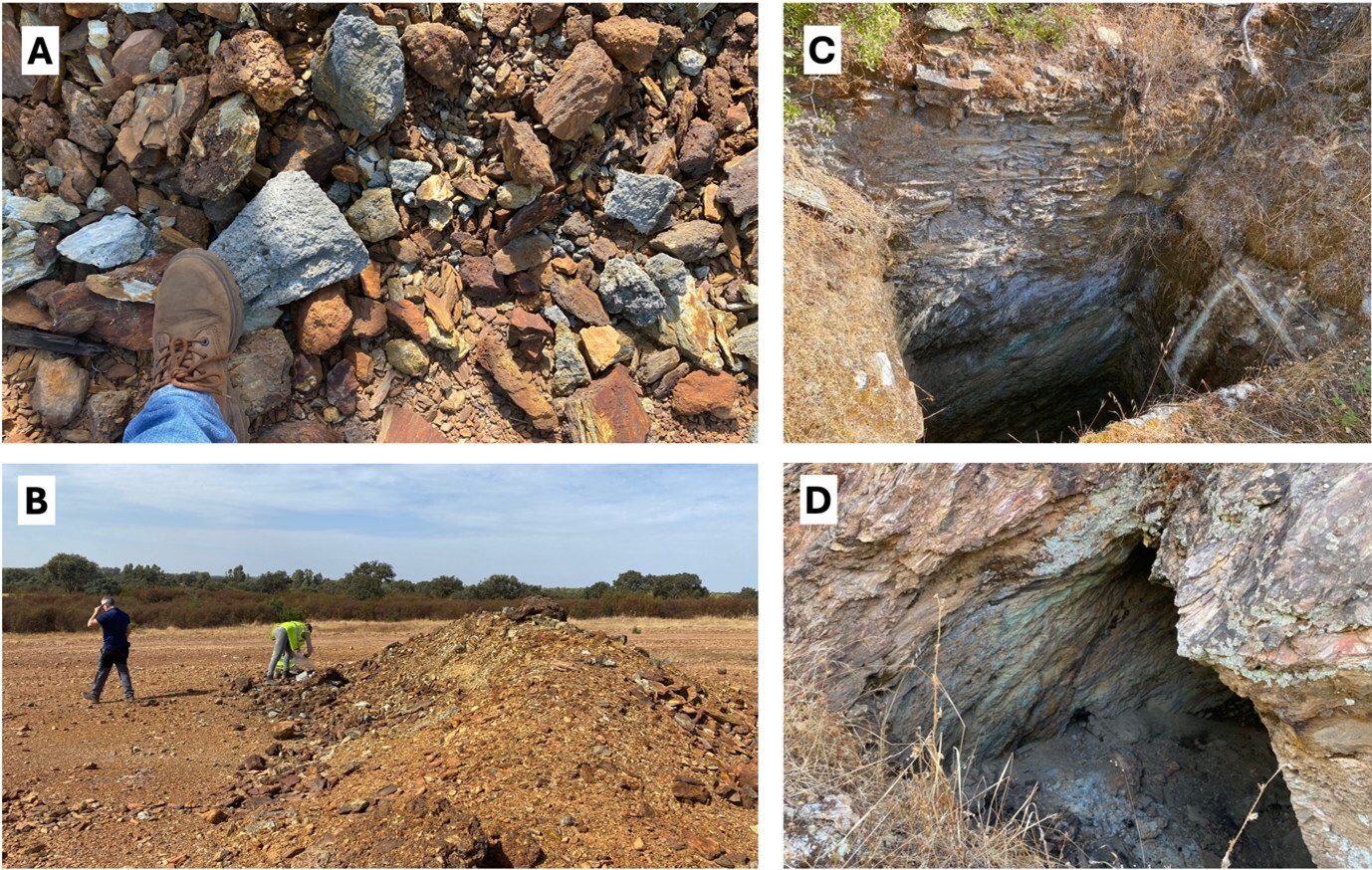 Figure 4 – Photos (A) Carmen mine dump, banded semi-massive sulphide and gossan, (B) Carmen mine dump, (C) and (D) copper exposed in historical Trinidad mine workings (CNW Group/Pan Global Resources Inc.)