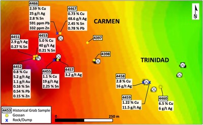 Figure 3 – Historical (early 1980s) rock grab sample results* at the historical Trinidad and Carmen mine area (shaded gravity map base) (CNW Group/Pan Global Resources Inc.) Figure 3 – Historical (early 1980s) rock grab sample results* at the historical Trinidad and Carmen mine area (shaded gravity map base) (CNW Group/Pan Global Resources Inc.)