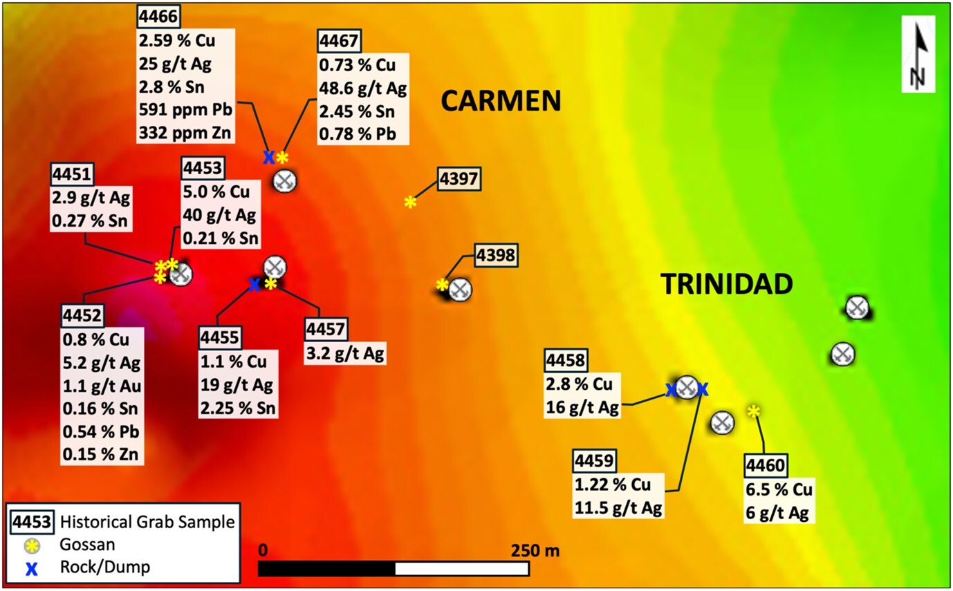 Figure 3 – Historical (early 1980s) rock grab sample results* at the historical Trinidad and Carmen mine area (shaded gravity map base) (CNW Group/Pan Global Resources Inc.)