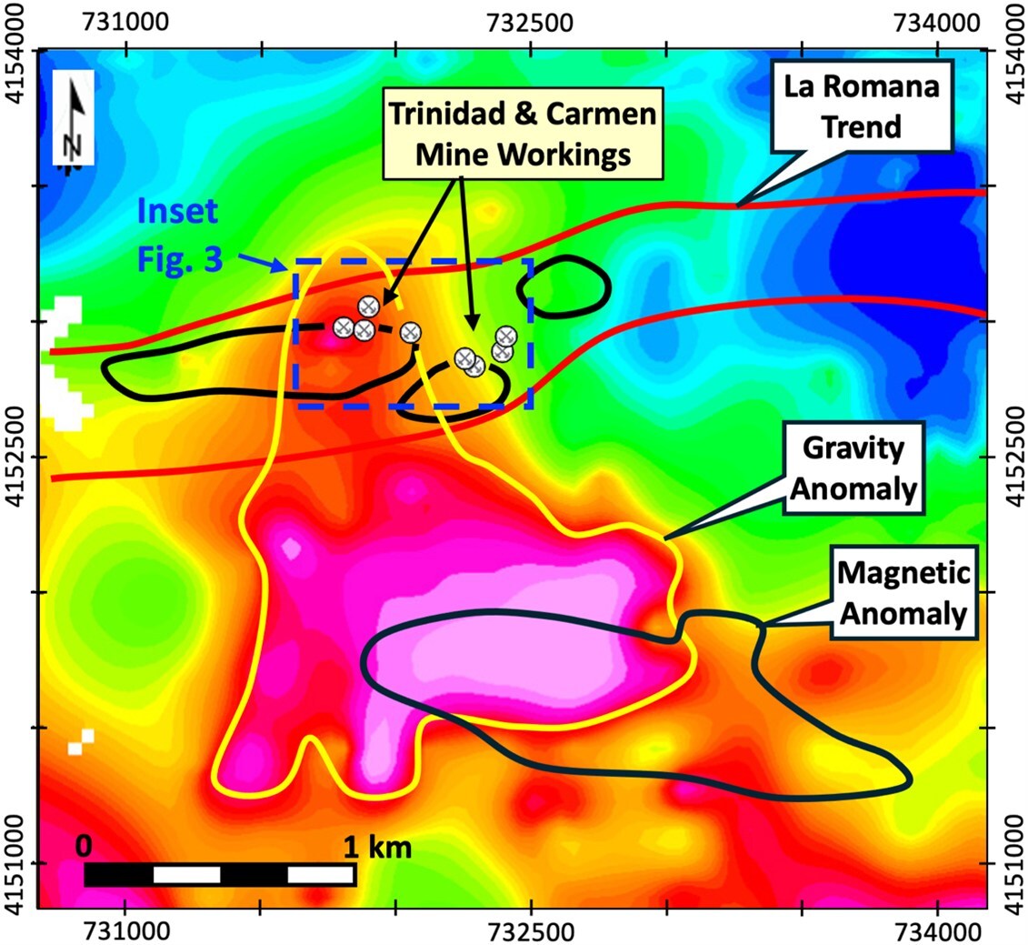 Figure 2 – Gravity anomaly map, showing a large gravity target extending south of the historical Trinidad and Carmen mine workings (CNW Group/Pan Global Resources Inc.)
