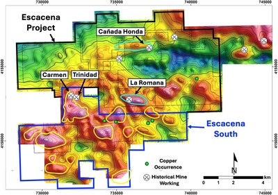 Figure 1 – Gravity anomaly map showing selected targets in Pan Global’s Escacena Project and recently awarded Escacena South area (CNW Group/Pan Global Resources Inc.) Figure 1 – Gravity anomaly map showing selected targets in Pan Global’s Escacena Project and recently awarded Escacena South area (CNW Group/Pan Global Resources Inc.)