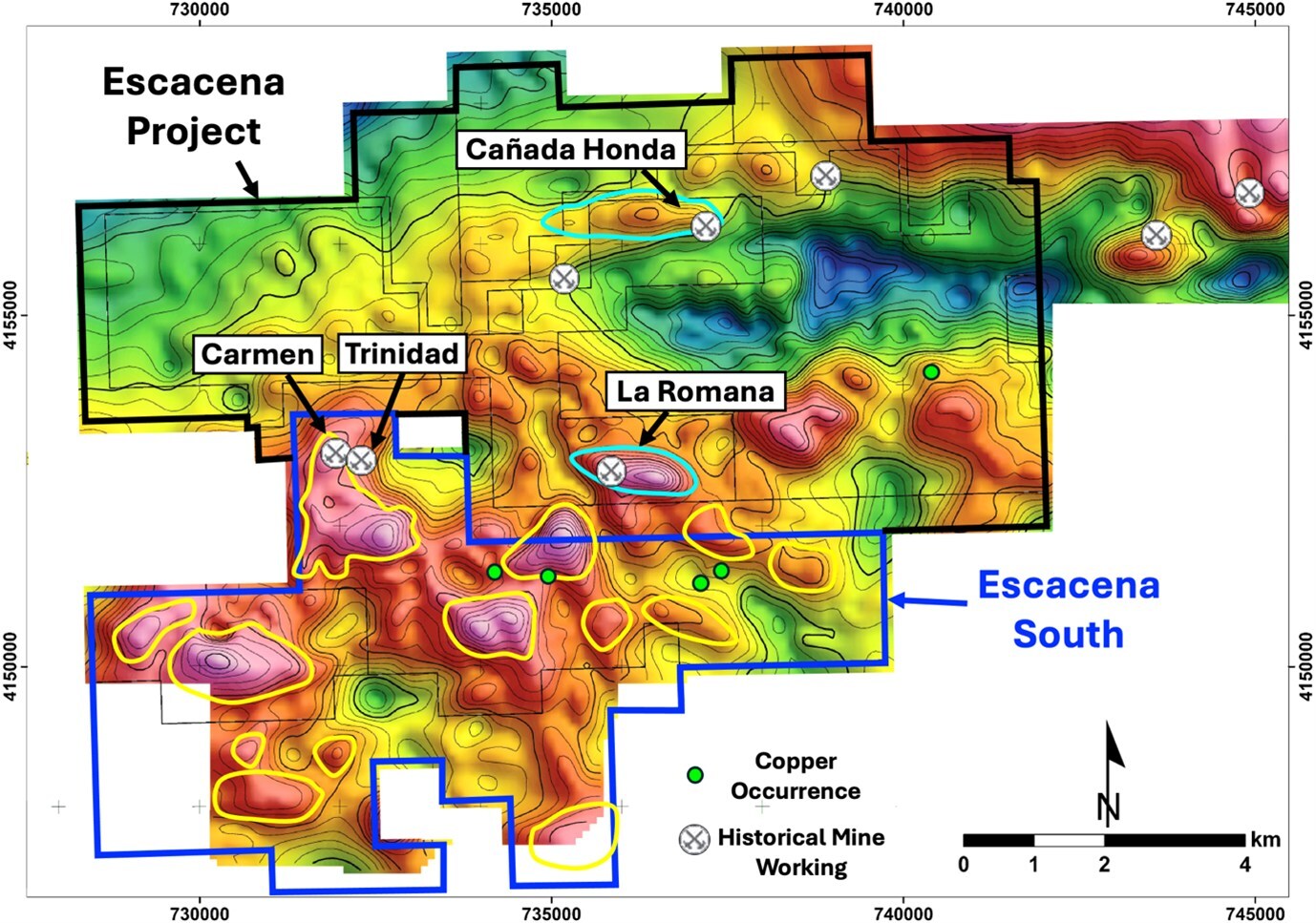 Figure 1 – Gravity anomaly map showing selected targets in Pan Global’s Escacena Project and recently awarded Escacena South area (CNW Group/Pan Global Resources Inc.)