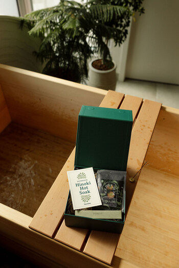 A Hinoki Reset Box, feating a Hinoki Hot Soak session, incense, and bath salts