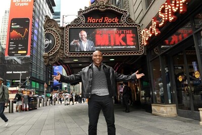 Boxing legend Mike Tyson visited Hard Rock Cafe New York to promote his new live show, Return of the Mike, touring exclusively at Hard Rock Live® venues. (Photo by Noam Galai/Getty Images)
