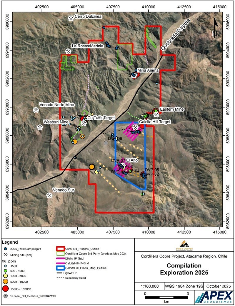 Mapa de Compilación de Exploración 2025 – Proyecto Cordillera Cobre, Región de Atacama, Chile (CNW Group/Super Copper Corp.)