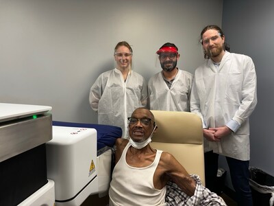 The first patient enrolled in the CANSCAN trial undergoes scanning with the VxWave Ultrasound Imaging System, a robotic tomographic ultrasound platform designed for on-demand upper-limb vascular imaging within the dialysis clinic.