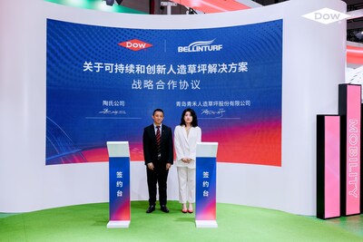 陶氏公司包装与特种塑料事业部大中华区资深销售总监吴昶先生（左）与青岛青禾人造草坪股份有限公司采购总监曹小婷女士（右）代表双方签署协议