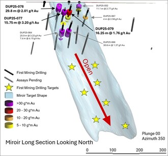 Figure 1 : Section longue de Miroir, mettant en &#233;vidence les r&#233;cents forages ainsi que le potentiel ouvert de la structure de plis interpr&#233;t&#233;e de Miroir. La longue section est orient&#233;e vers le nord. (Groupe CNW/First Mining Gold Corp.)
