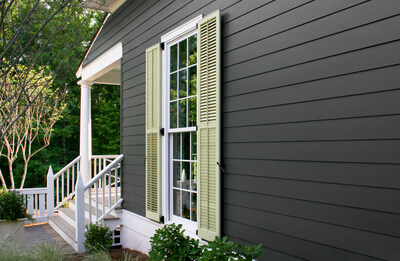 Iron Gray Hardie® Plank siding with Arctic White Hardie® Trim