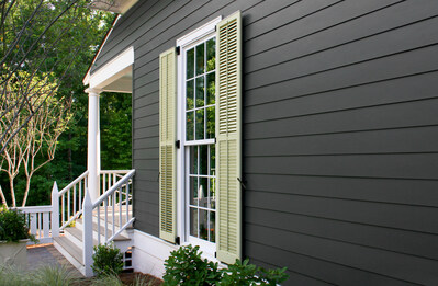 Iron Gray Hardie® Plank siding with Arctic White Hardie® Trim
