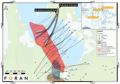Figure 1 – Plan view with the location of drill holes presented in this release, along with the surface projections of the interpreted Tesla Zone, McIlvenna Bay and Bridge Zone lenses. (CNW Group/Foran Mining Corporation)