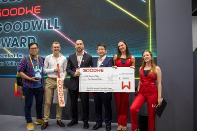 Peter Chang and Krystian Wielgosz (left) from Little Sunshine Pledge, presented with the 2025 GoodWe Goodwill Award by Dean Williamson, Country Manager AU&NZ, and Yingge Wang, GoodWe Vice President (centre)
