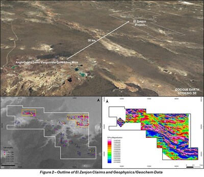 Figure 2 - Outline of El Zanjon Claims and Geophysics/Geochem Data (CNW Group/Targa Exploration Corp.)