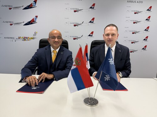 Loyalty Juggernaut CEO Shyam Shah and Air Serbia CEO Jiri Marek at the signing of their strategic partnership in Belgrade to launch a next-generation frequent flyer program. (PRNewsfoto/Loyalty Juggernaut, Inc.)