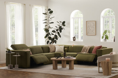 Joybird's new power reclining collection redefines modern relaxation. Sofa featured is the Camden Modular Reclining Wedge Corner Sectional in Faithful Olive; photo credit Joybird.