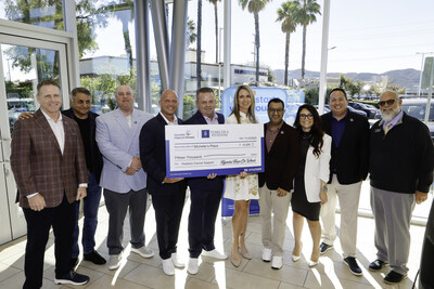 (left to right) Paul Imhoff, director, Hyundai Hope on Wheels, Bob Nouri, owner, Temecula Hyundai, Chad Filiault, general manager, western region, Hyundai Motor America, Michael Orange, vice president, national sales, Hyundai Motor America, Brad Cannon, general manager, Temecula Hyundai, Kim Gerrish, executive director, Michelle’s Place, Rajesh Gupta, senior group manager, western region, Hyundai Motor America, Michelle Karajelian, corporate social responsibility, Hyundai Motor North America, Brandon Ramirez, director, corporate social responsibility, Hyundai Motor North America, Richard Dickens, sales director, Temecula Hyundai at Temecula Hyundai in Temecula, Calif. on Nov. 4, 2025 (Photo/Hyundai)
