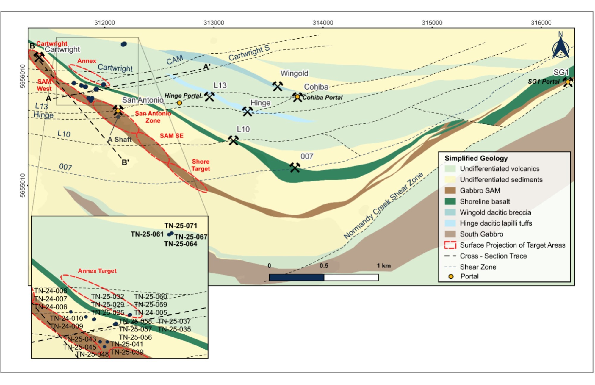 Plan View True North Geology with SAM W and Annex Drill Hole Locations (CNW Group/1911 Gold Corporation)