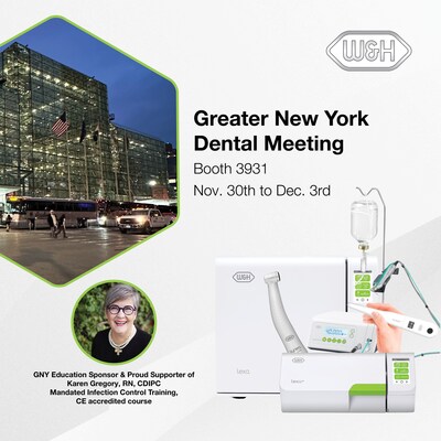 Continuing Education: Advancing Infection Control Together. 
As part of its ongoing commitment to education and clinical safety, W&H is proud to support the Greater New York Dental Meeting as an Education Sponsor and sponsor of respected Key Opinion Leader Karen Gregory, RN, CDIPC, who will present the CE-accredited course: Mandated Infection Control Training on Wednesday, December 3rd. 
Visit booth 3931 for demonstrations and show specials. (CNW Group/W&H Impex Inc.)