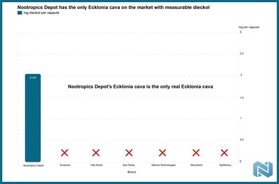 Nootropics Depot is the only brand to deliver Ecklonia cava capsules with measurable levels of dieckol, while all other tested supplements contained none, highlighting a widespread authenticity gap in the market.