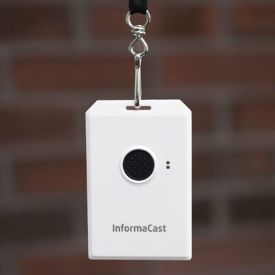 The InformaCast Wearable Alert, a wearbale panic button for school staff.