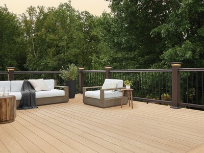 TimberTech Advanced PVC decking shown in Toasted Wheat from the Harvest+ Collection. TimberTech Advanced PVC decking shown in Toasted Wheat from the Harvest+ Collection.