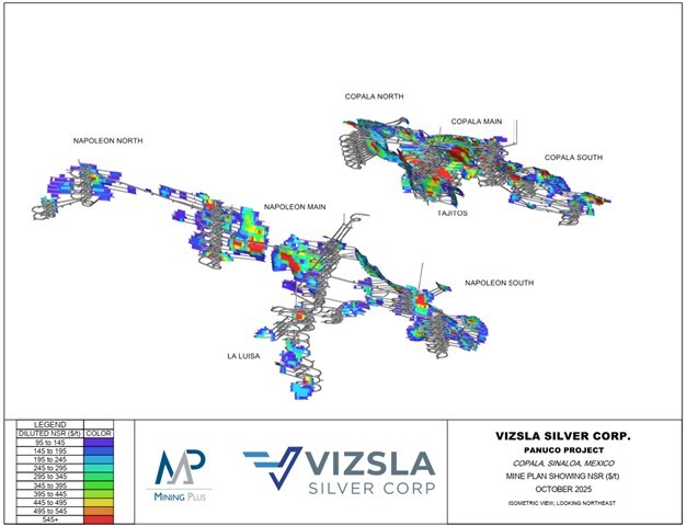 Figure 1:  Proposed stope shapes by NSR ($US/t) for the Panuco Project (CNW Group/Vizsla Silver Corp.)