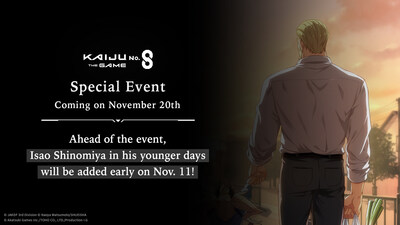 A younger Isao Shinomiya joins Kaiju No. 8 THE GAME ahead of the Special Event launching Nov. 20, 2025.
