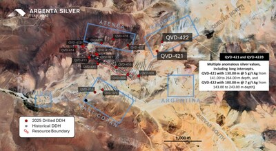 Figure 01: Map showing the location of historical collars and newly drilled holes from the 2025 Winter Drill Program, including QVD-421 and QVD-422.* (CNW Group/Argenta Silver Corp.)