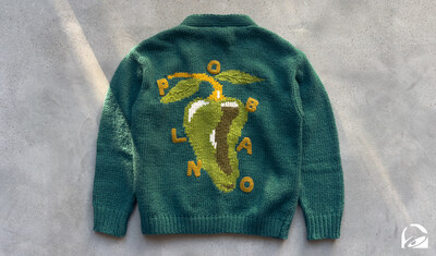 Taco Bell is dropping The Poblano Sweater, a cozy chunky-knit cardigan available exclusively to 300 Taco Bell Rewards Members in the Tuesday Drop on December 9.**