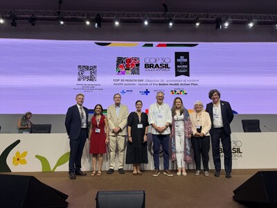 From left to right: Theo Mitchell, Global Director of Climate at the Children’s Investment Fund Foundation; Ana Maria Loboguerrero, Director of Adaptive and Equitable Food Systems at the Gates Foundation; Dr. Jarbas Barbosa da Silva Jr., Director of the Pan American Health Organization and Regional Director for the Americas of the World Health Organization; Jessica Anderen, CEO of the IKEA Foundation; Honorable Minister Alexandre Padilha, Brazil Ministry of Health; Lyana Latorre, Vice President of Latin America and the Caribbean at The Rockefeller Foundation; Dr. Agnes Soares da Silva, Director of the Environmental Health and Occupational Health Surveillance Department at Brazil Ministry of Health; and Dr. Alan Dangour, Director of Climate and Health at Wellcome.