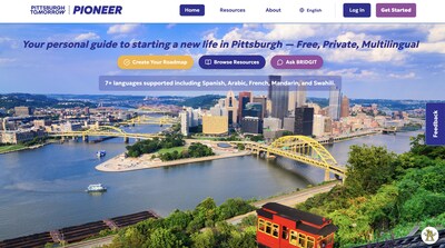 The homepage of Pittsburgh Tomorrow Pioneer, an innovative AI-powered relocation tool that helps newcomers to Pittsburgh feel at home faster by connecting them to the resources, information, and communities they need to thrive.